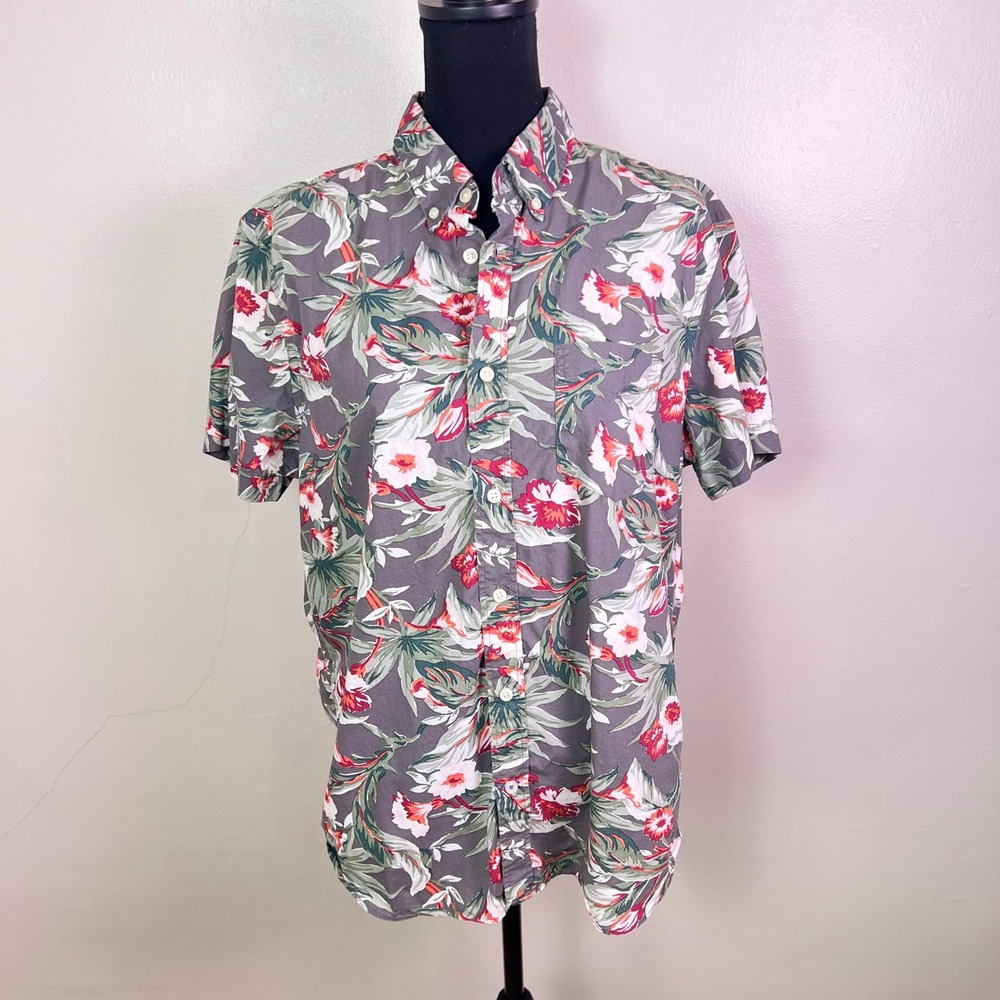 Gap Lived-In Shirt Large Gray Tropical Floral Cotton Short Sleeve Button Down